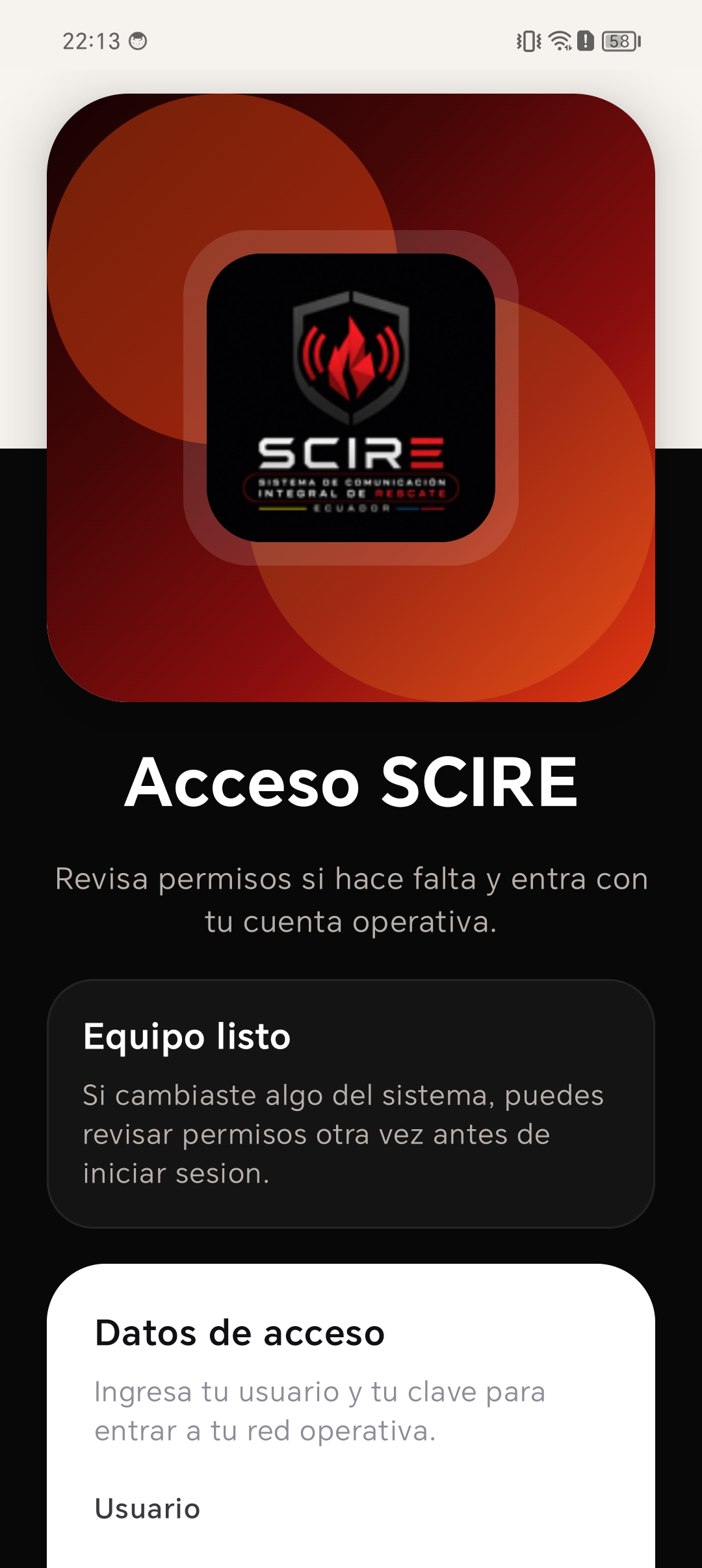 Pantalla de acceso SCIRE en Android