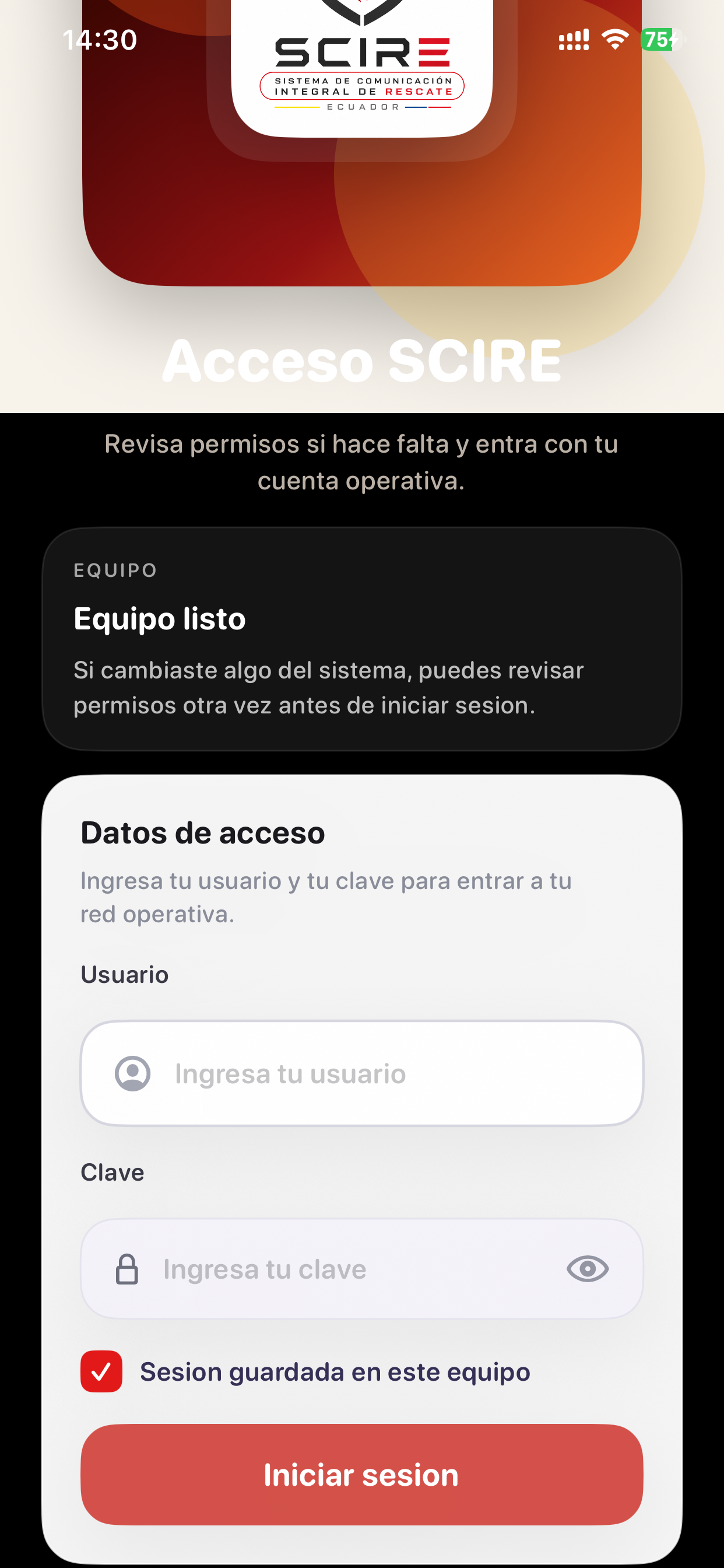 Pantalla de acceso SCIRE en iPhone